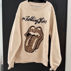 Zara Cream Rolling Stones Sweatshirt with Leopard Print Graphic